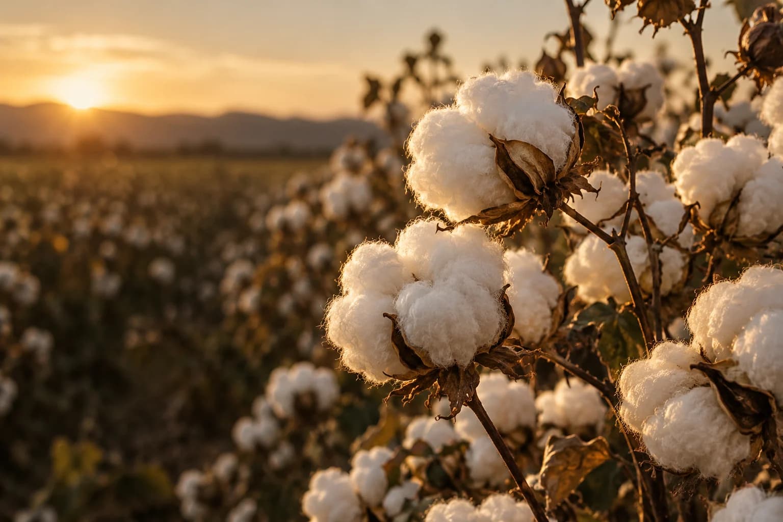 Cotton bolls on the plant in warm evening sunlight