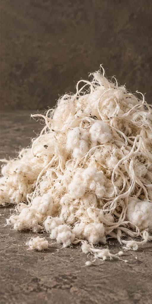 Loose off-white cotton fibres on a warm stone surface